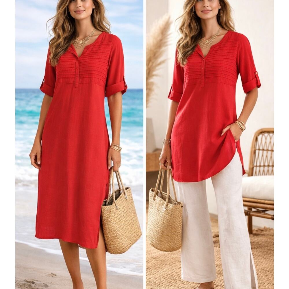 Fabindia Red Cotton Kurti Tunic Dress Women's M Pintuck Boho India Resort Shift